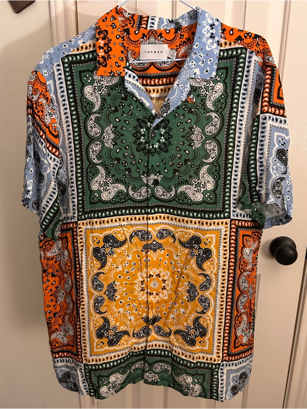 Topman Multicolored Patchwork Bandana Print Short Sleeve button down Shirt